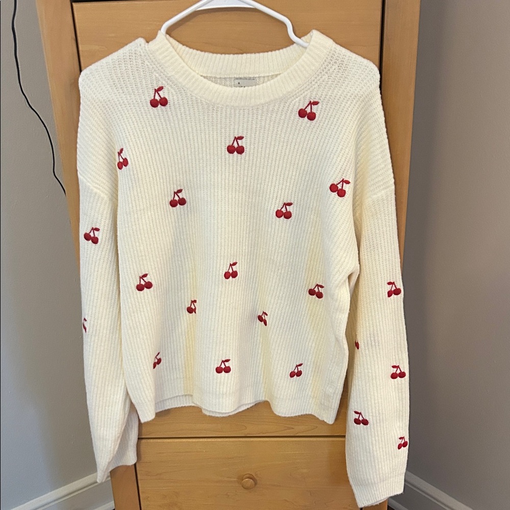 A New Day  Cream Sweater with Red Cherry Pattern, Like New, Medium